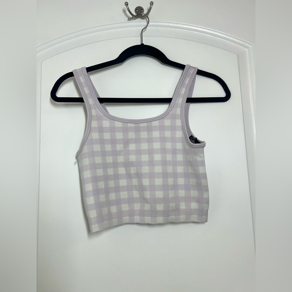 Sweaty Betty purple and white gingham plaid seamless crop top size M athletic